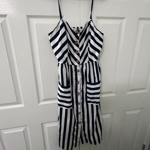 Striped Navy and White Midi Dress with Button Detail